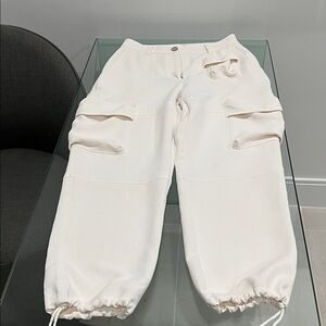 Cream Cargo Pants with Drawstring Hem